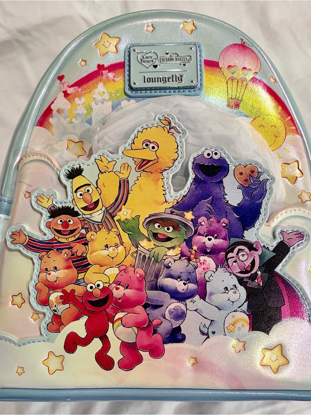 Loungefly Care Bears X Sesame Street iridescent rainbow mini backpack NWT